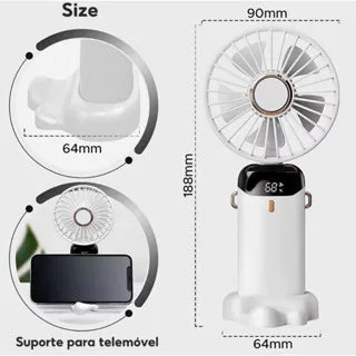 Ventilador Portátil de Mesa/Mão com display de Led 5 Velocidades com Suporte de Celular