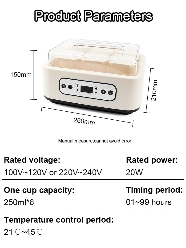 Electric Yogurt Maker 6 Glass Cups Automatic Natto Rice Wine Fermenting Machine Fermenter Sour Milk Pot Temperature Adjustment