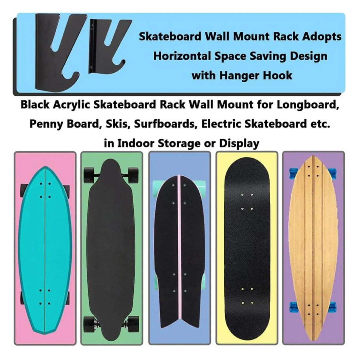 2Pcs Skateboard Wall Mount Organizer Rack Surfboard Acrylic Holder with Hanger Hook Skis Snowboard Stand for Longboard Display