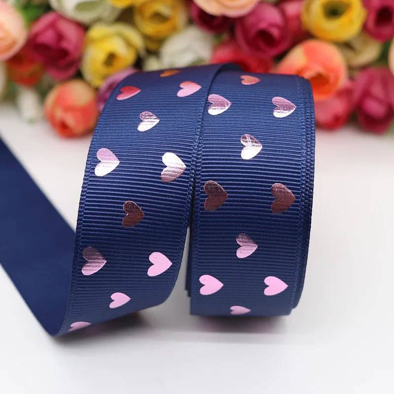 10 Yards 1" 25MM Valentine's Day Pink Gold Heart-Shaped Printed Ribbon For Hair Bows DIY Crafts Handmade Accessories M20012103