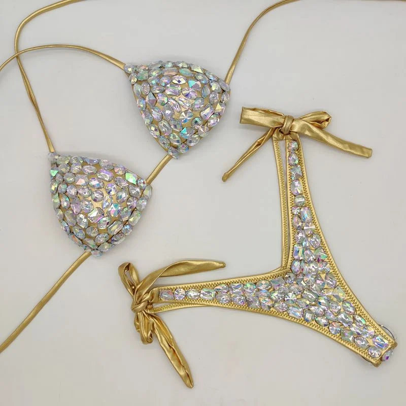 2021    Venus Vacation latest design high quality sexy girl rhinestones pink  bling bikini swimwear