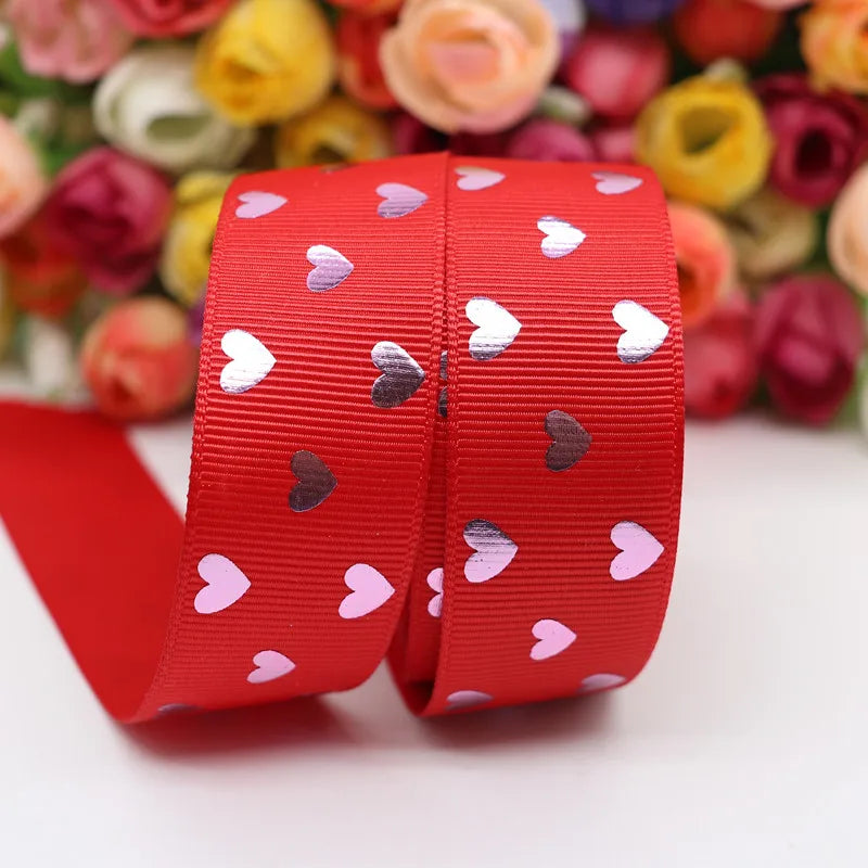 10 Yards 1" 25MM Valentine's Day Pink Gold Heart-Shaped Printed Ribbon For Hair Bows DIY Crafts Handmade Accessories M20012103
