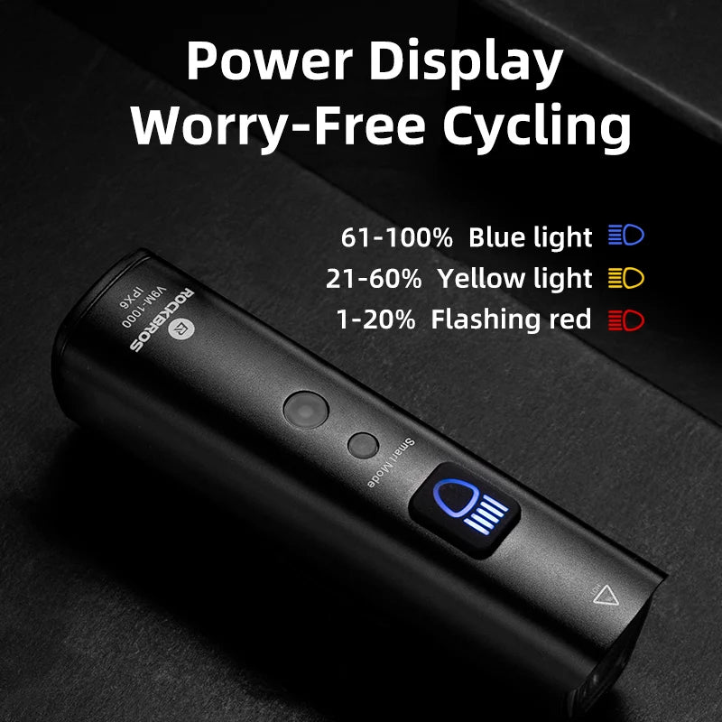 ROCKBROS Bike Light Bicycle Light Smart Vibration Sensing 1000Lumen 4000mAh 5 Modes Type-c LED Flashlight MTB Front Bike Lamp
