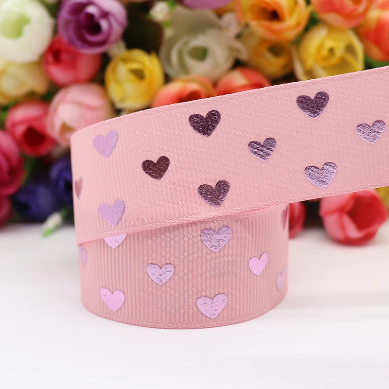 10 Yards 1" 25MM Valentine's Day Pink Gold Heart-Shaped Printed Ribbon For Hair Bows DIY Crafts Handmade Accessories M20012103