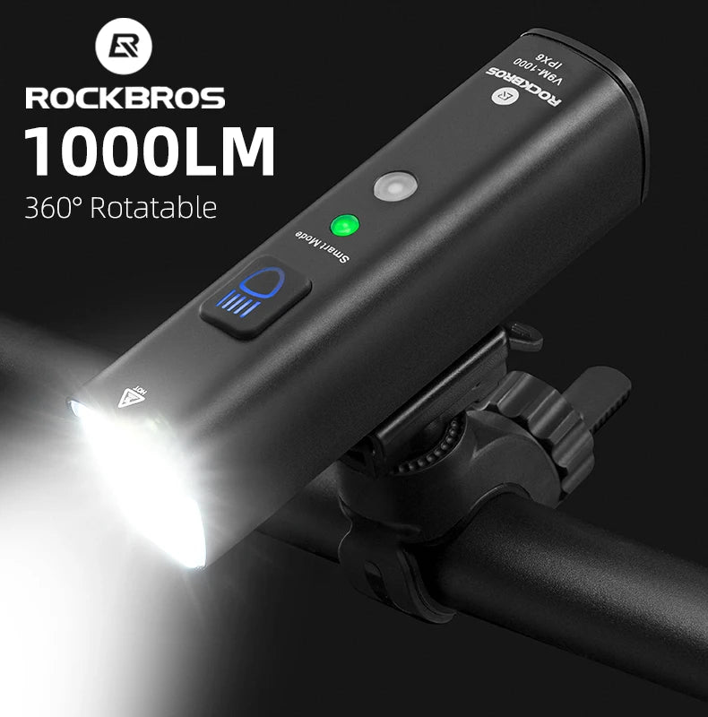 ROCKBROS Bike Light Bicycle Light Smart Vibration Sensing 1000Lumen 4000mAh 5 Modes Type-c LED Flashlight MTB Front Bike Lamp