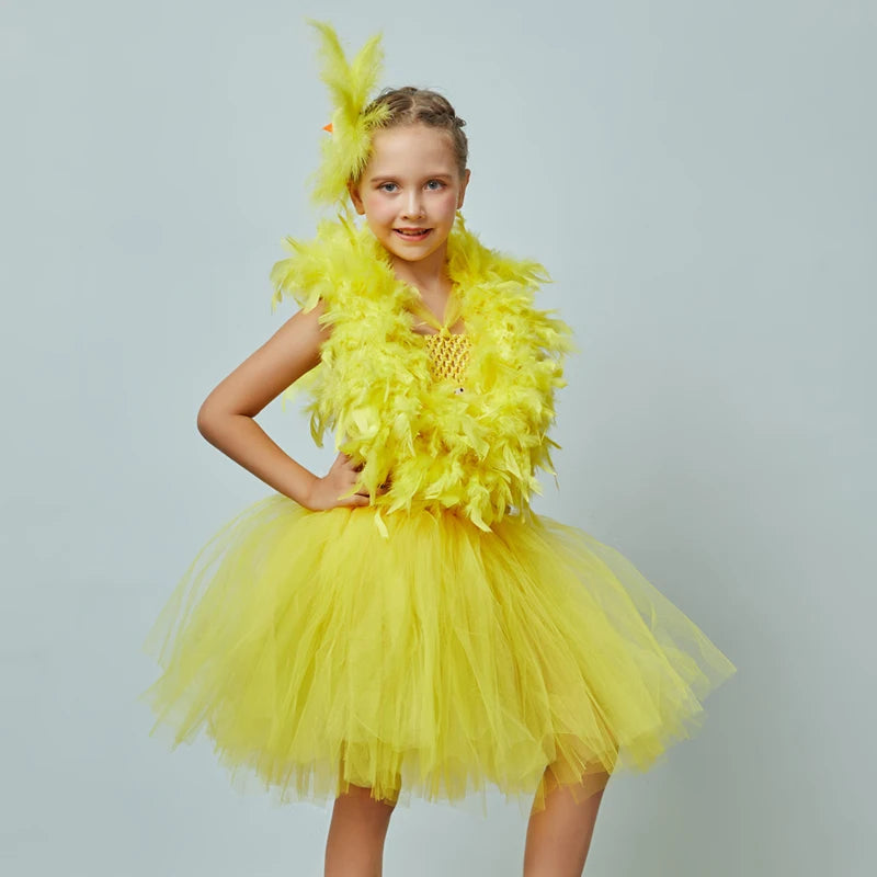 Yellow Chicken Tutu Dress Girls Kids Farm Animal Party Halloween Costume Feather Wings Children Cake Smash Photo Tulle Dress