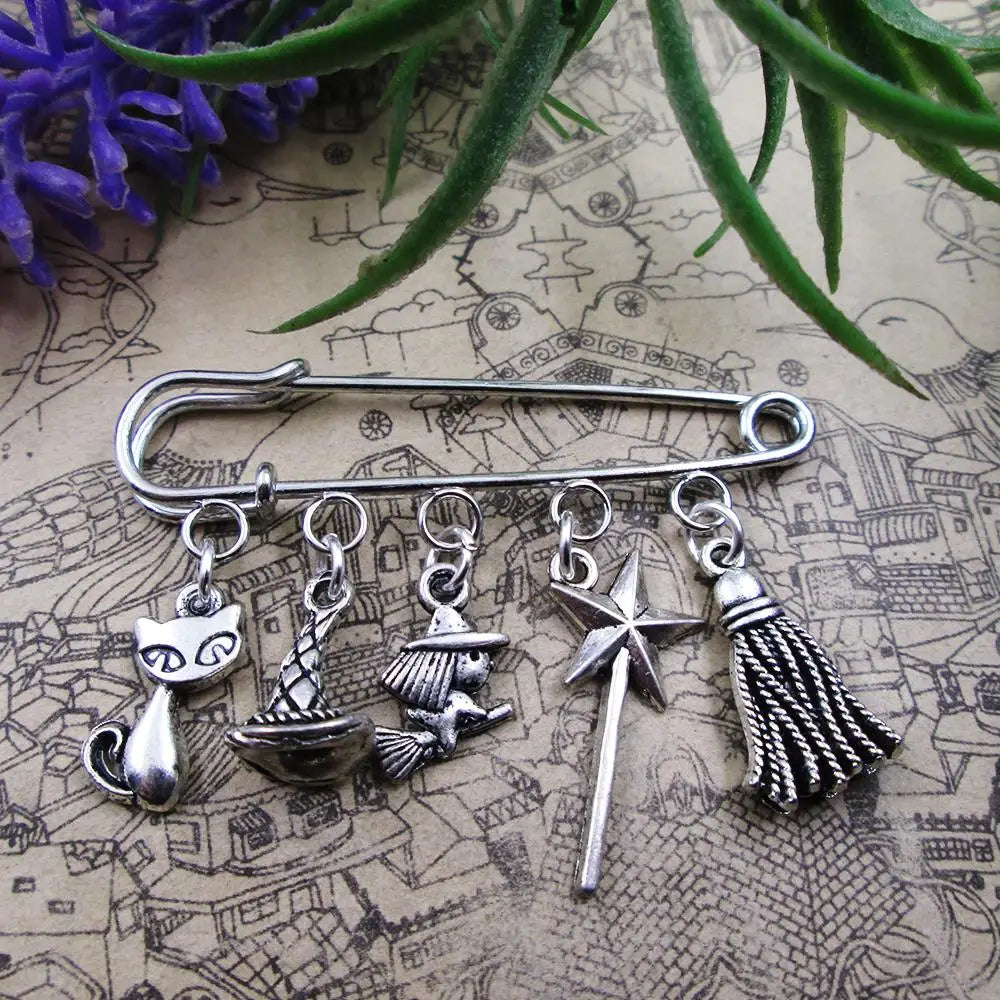 Witch Hat  Broom Witch Theme Silver Plated Charm Brooch Gift Birthday