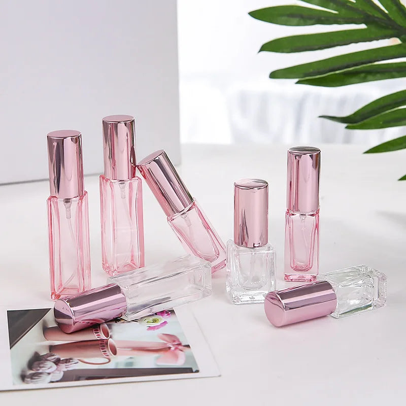 10pcs/lot 5ml 10ml Transparent  Glass Spray Bottle Sample Glass Vials Portable Perfume Atomizer Gold rose gold Cap