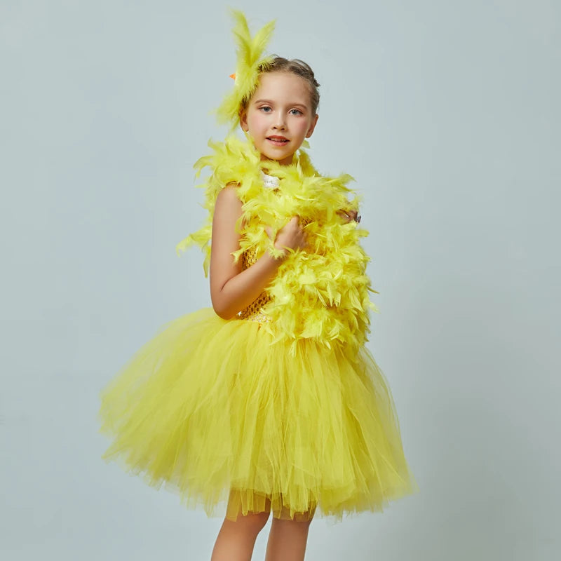 Yellow Chicken Tutu Dress Girls Kids Farm Animal Party Halloween Costume Feather Wings Children Cake Smash Photo Tulle Dress