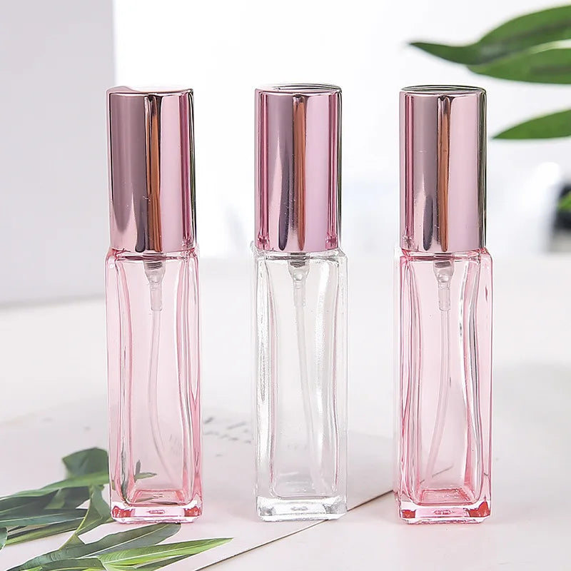 10pcs/lot 5ml 10ml Transparent  Glass Spray Bottle Sample Glass Vials Portable Perfume Atomizer Gold rose gold Cap
