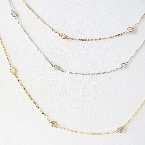 3MM Bezel Set Round Dot Geometric CZ Station Chain Necklace 100% 925 Stelring Silver 46cm 85cm 102cm Multi Layer Chains