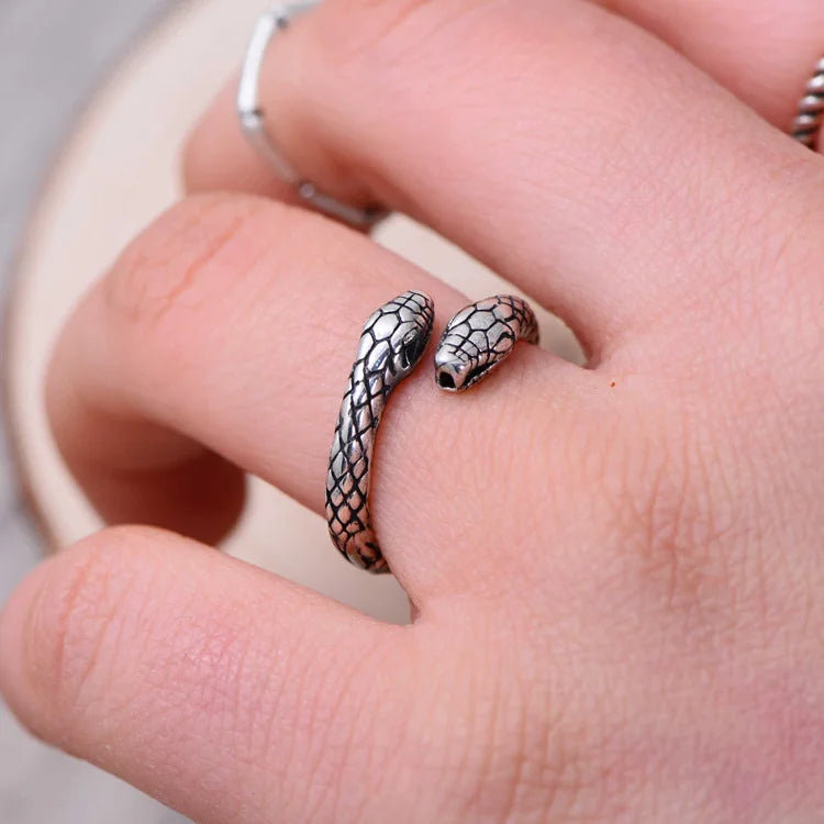 Vintage Double Snake Head Thai Silver Ladies Finger Rings Jewelry Unisex Party Gifts Never Fade Women Men