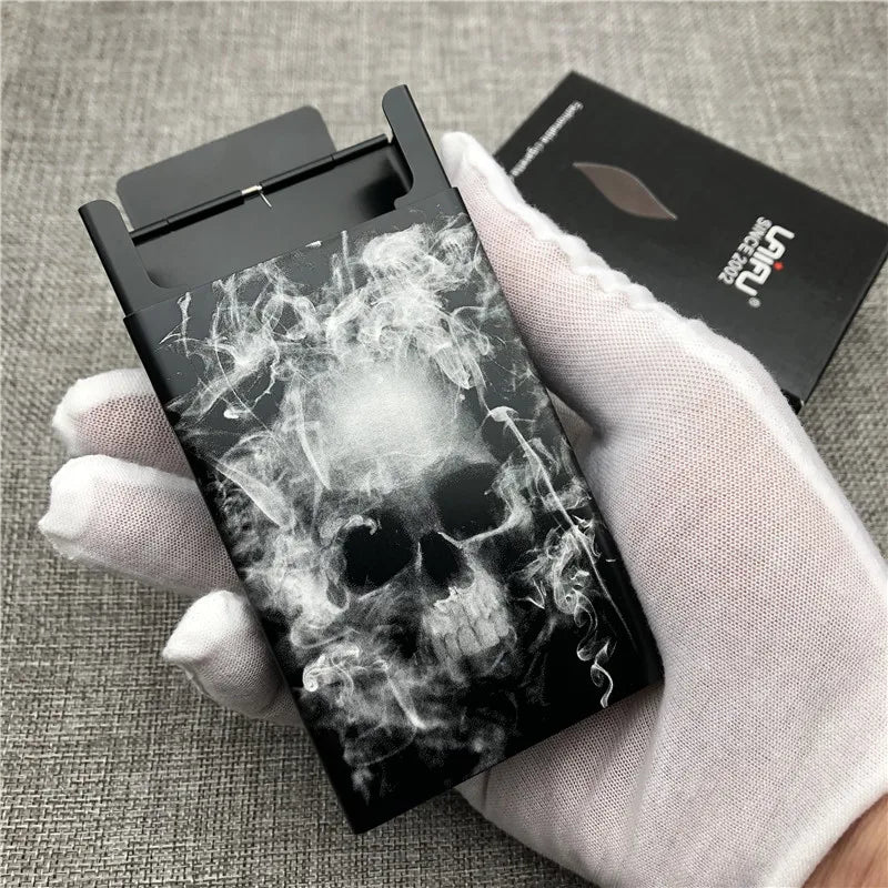 Personalized Customized Smoking Skull Cigarette Case Boxes Ultra Thin Portable Aluminium Alloy Slide Cigarette Box Smoke boxes