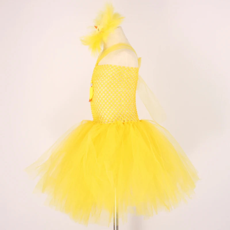Yellow Chicken Tutu Dress Girls Kids Farm Animal Party Halloween Costume Feather Wings Children Cake Smash Photo Tulle Dress