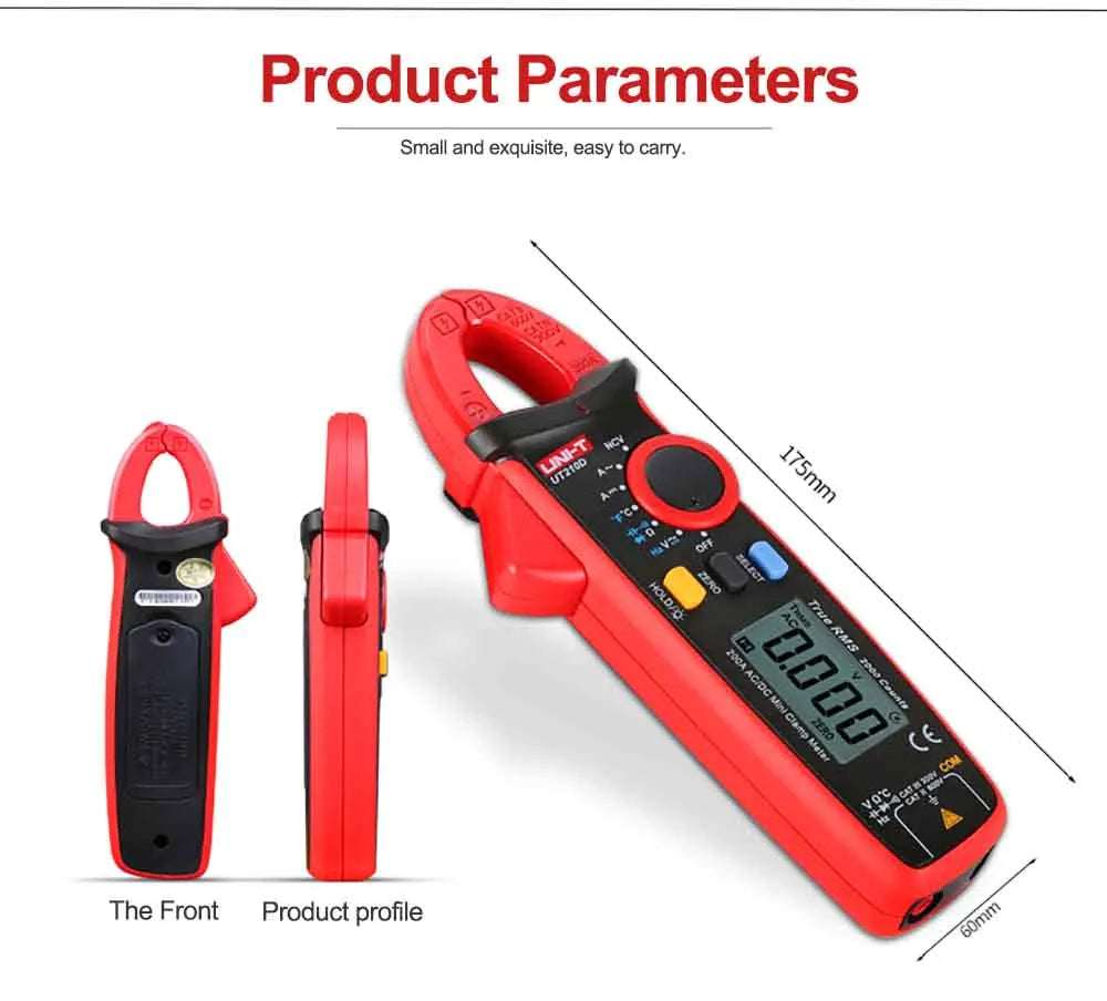 UNI-T UT210D Digital Clamp Meter Multimeter Handheld RMS AC/DC Resistanc With Temperature,Send Two Test Lines.