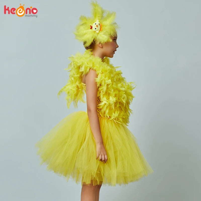 Yellow Chicken Tutu Dress Girls Kids Farm Animal Party Halloween Costume Feather Wings Children Cake Smash Photo Tulle Dress