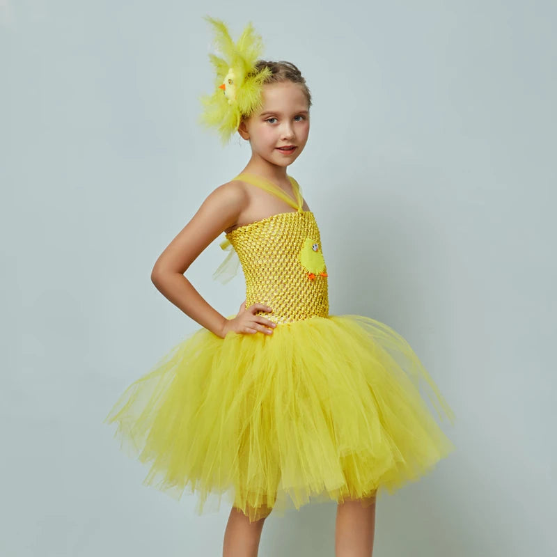 Yellow Chicken Tutu Dress Girls Kids Farm Animal Party Halloween Costume Feather Wings Children Cake Smash Photo Tulle Dress