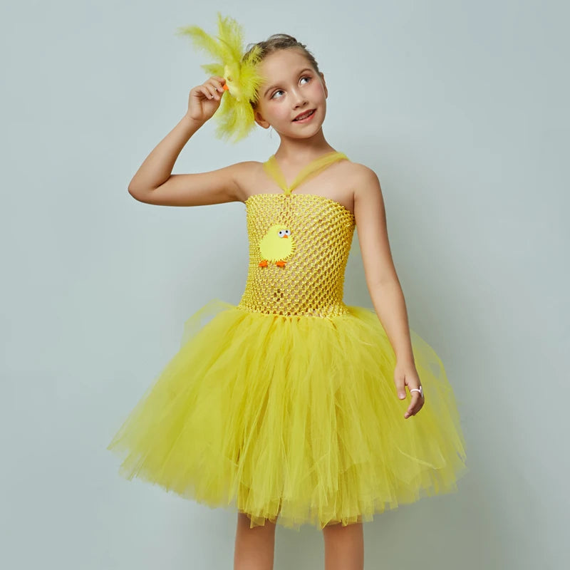 Yellow Chicken Tutu Dress Girls Kids Farm Animal Party Halloween Costume Feather Wings Children Cake Smash Photo Tulle Dress