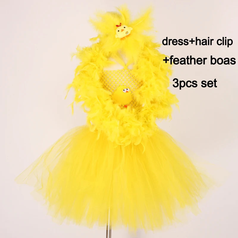 Yellow Chicken Tutu Dress Girls Kids Farm Animal Party Halloween Costume Feather Wings Children Cake Smash Photo Tulle Dress