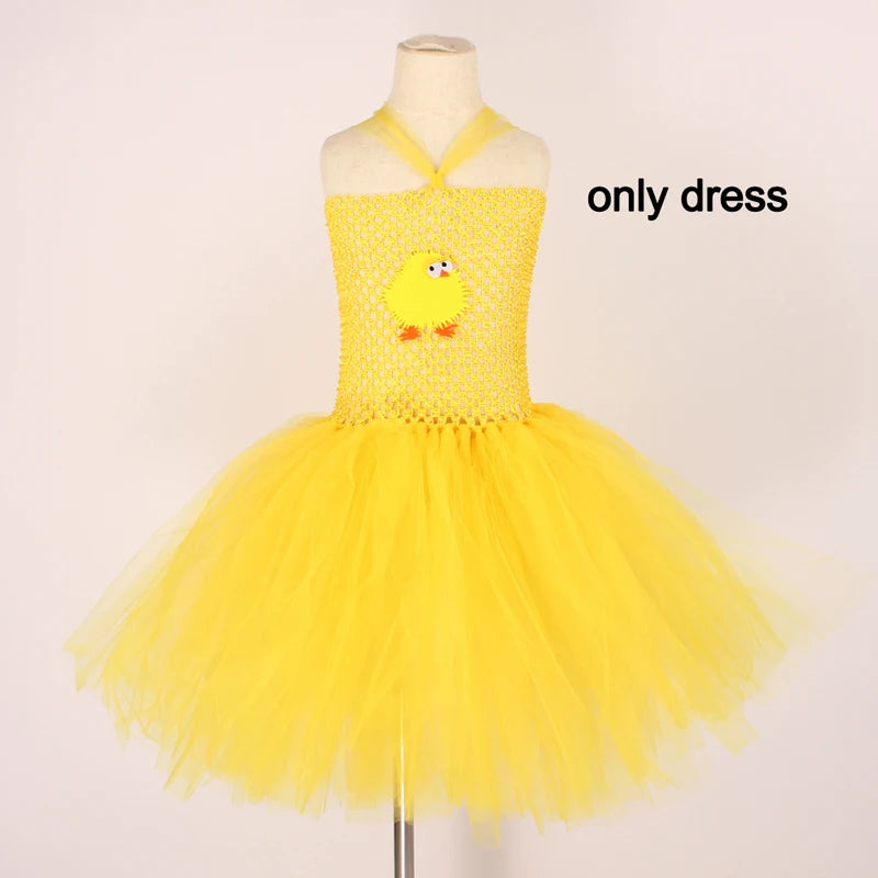 Yellow Chicken Tutu Dress Girls Kids Farm Animal Party Halloween Costume Feather Wings Children Cake Smash Photo Tulle Dress