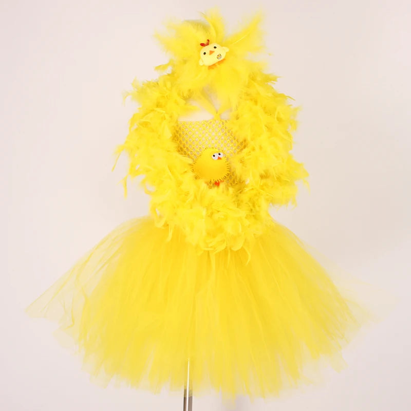 Yellow Chicken Tutu Dress Girls Kids Farm Animal Party Halloween Costume Feather Wings Children Cake Smash Photo Tulle Dress