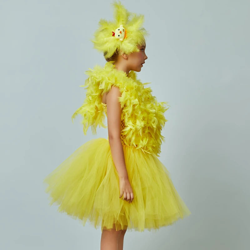 Yellow Chicken Tutu Dress Girls Kids Farm Animal Party Halloween Costume Feather Wings Children Cake Smash Photo Tulle Dress