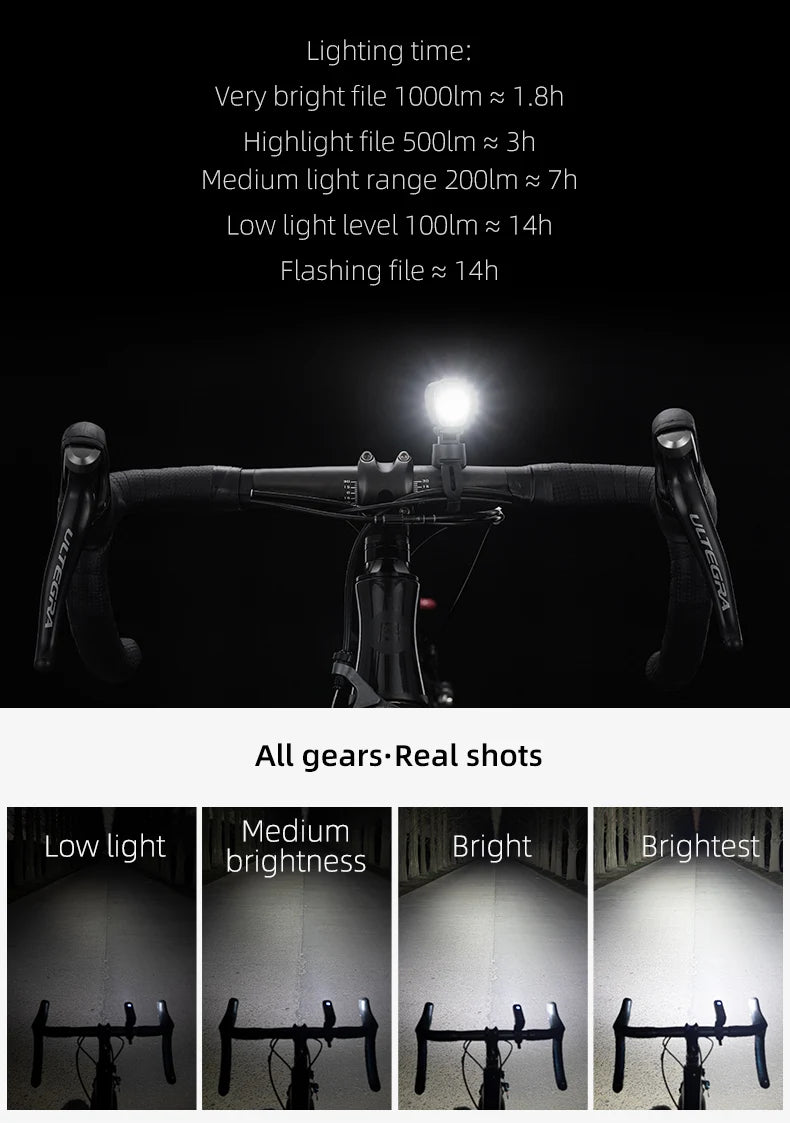 ROCKBROS Bike Light Bicycle Light Smart Vibration Sensing 1000Lumen 4000mAh 5 Modes Type-c LED Flashlight MTB Front Bike Lamp