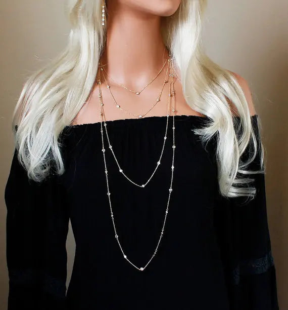 3MM Bezel Set Round Dot Geometric CZ Station Chain Necklace 100% 925 Stelring Silver 46cm 85cm 102cm Multi Layer Chains