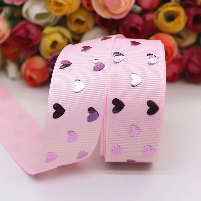 10 Yards 1" 25MM Valentine's Day Pink Gold Heart-Shaped Printed Ribbon For Hair Bows DIY Crafts Handmade Accessories M20012103