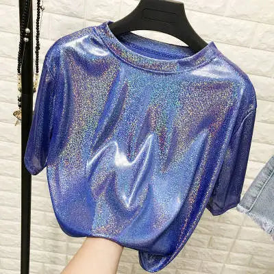 New Summer Retro Style Stylish Bright Silk Women's Tops Shiny Loose Short-Sleeve T-Shirt Sexy Club Aesthetic Harajuku Women's T-Shirt