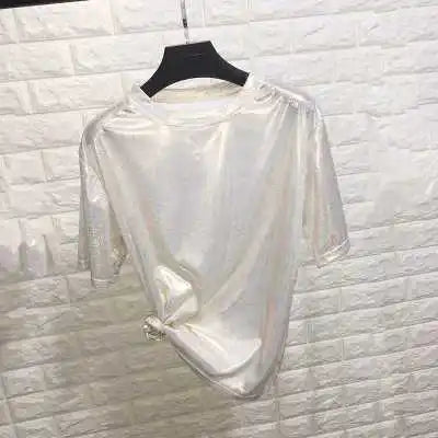 New Summer Retro Style Stylish Bright Silk Women's Tops Shiny Loose Short-Sleeve T-Shirt Sexy Club Aesthetic Harajuku Women's T-Shirt
