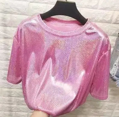 New Summer Retro Style Stylish Bright Silk Women's Tops Shiny Loose Short-Sleeve T-Shirt Sexy Club Aesthetic Harajuku Women's T-Shirt