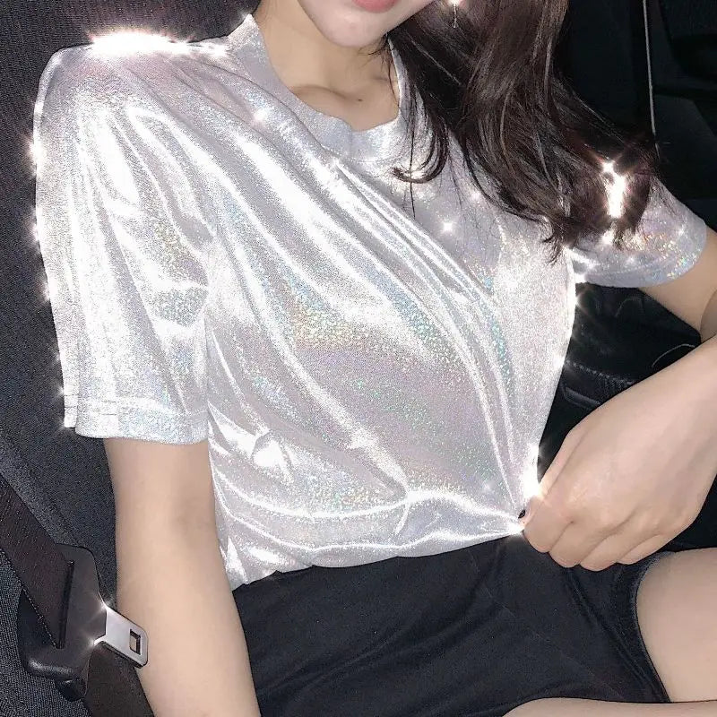 New Summer Retro Style Stylish Bright Silk Women's Tops Shiny Loose Short-Sleeve T-Shirt Sexy Club Aesthetic Harajuku Women's T-Shirt