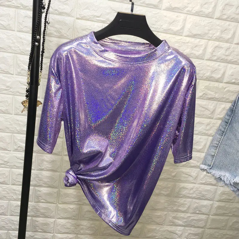New Summer Retro Style Stylish Bright Silk Women's Tops Shiny Loose Short-Sleeve T-Shirt Sexy Club Aesthetic Harajuku Women's T-Shirt
