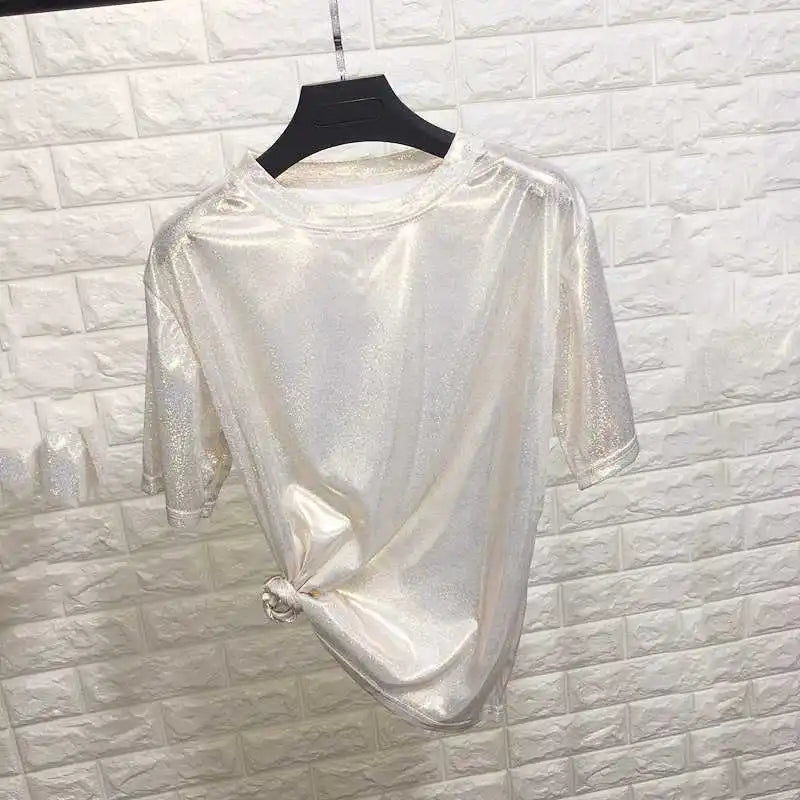 New Summer Retro Style Stylish Bright Silk Women's Tops Shiny Loose Short-Sleeve T-Shirt Sexy Club Aesthetic Harajuku Women's T-Shirt