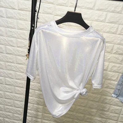 New Summer Retro Style Stylish Bright Silk Women's Tops Shiny Loose Short-Sleeve T-Shirt Sexy Club Aesthetic Harajuku Women's T-Shirt