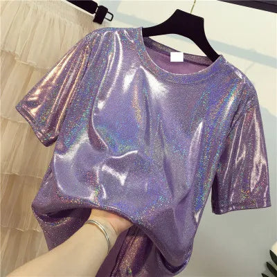 New Summer Retro Style Stylish Bright Silk Women's Tops Shiny Loose Short-Sleeve T-Shirt Sexy Club Aesthetic Harajuku Women's T-Shirt