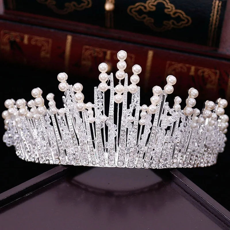 New Vintage Multilayer Luxury Silver color Crystal Pearl Tiara Crown Wedding Hair Accessories Bridal Party Jewelry Big Headbands