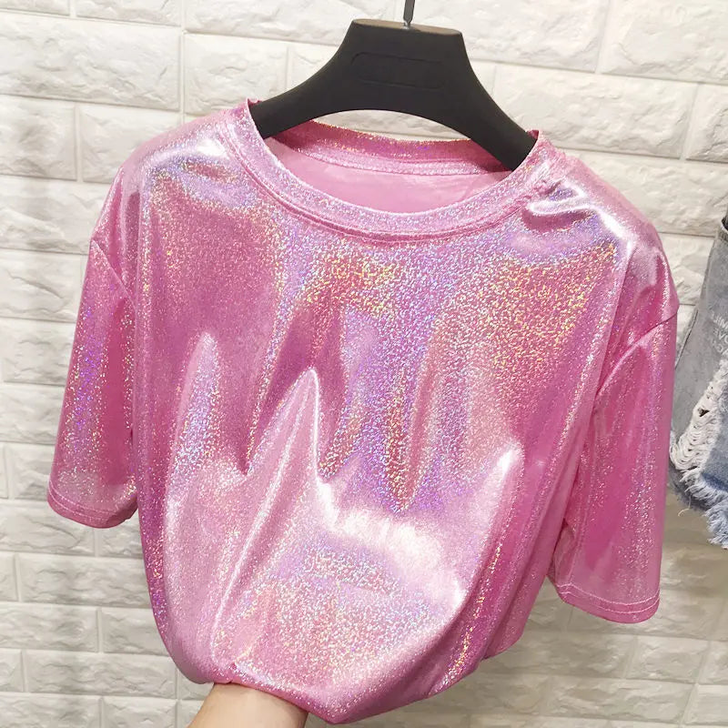 New Summer Retro Style Stylish Bright Silk Women's Tops Shiny Loose Short-Sleeve T-Shirt Sexy Club Aesthetic Harajuku Women's T-Shirt