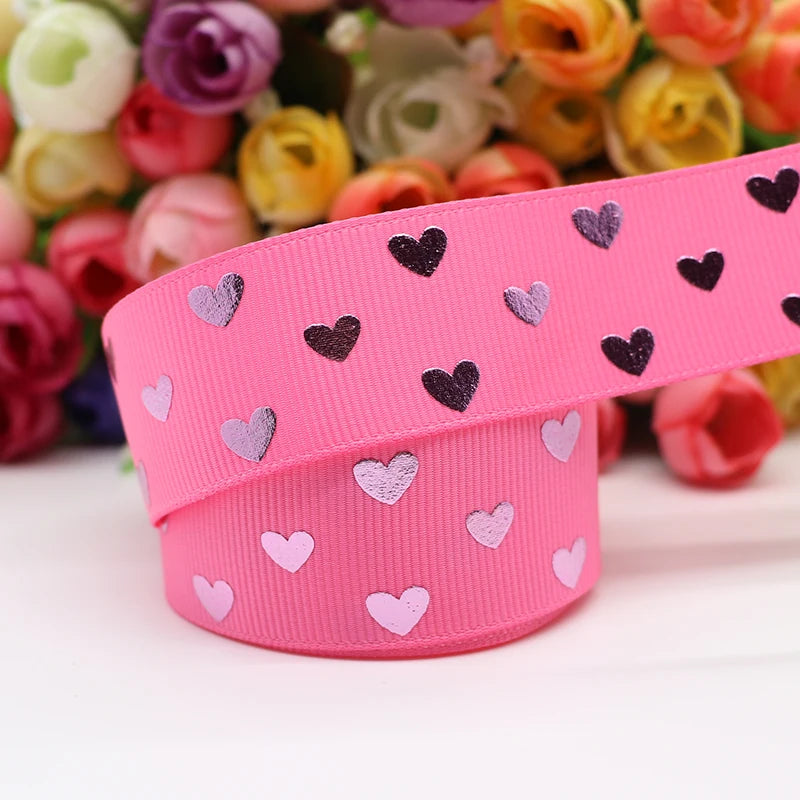 10 Yards 1" 25MM Valentine's Day Pink Gold Heart-Shaped Printed Ribbon For Hair Bows DIY Crafts Handmade Accessories M20012103