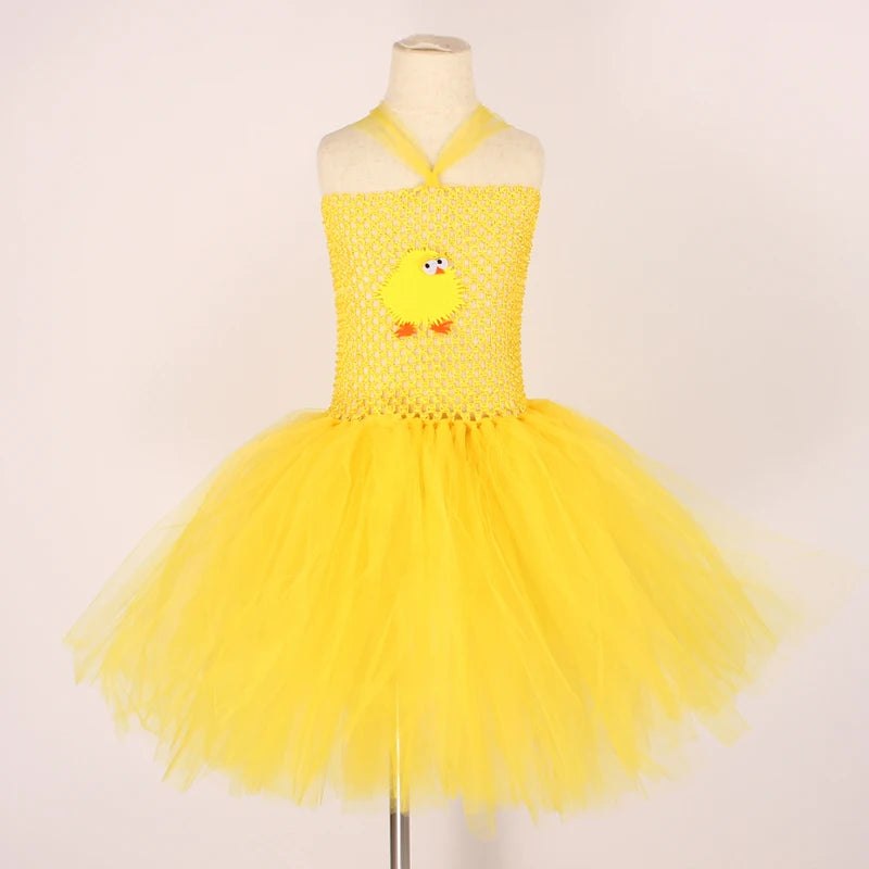 Yellow Chicken Tutu Dress Girls Kids Farm Animal Party Halloween Costume Feather Wings Children Cake Smash Photo Tulle Dress