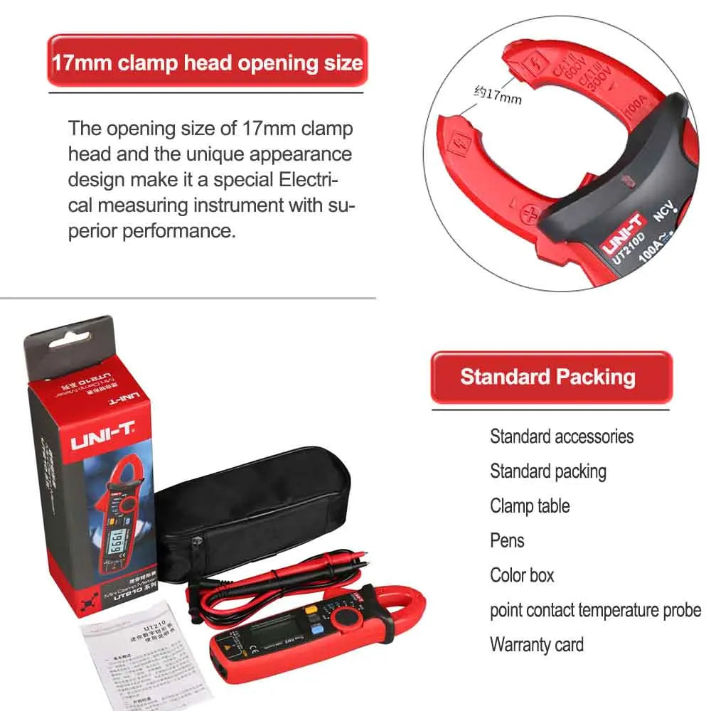 UNI-T UT210D Digital Clamp Meter Multimeter Handheld RMS AC/DC Resistanc With Temperature,Send Two Test Lines.