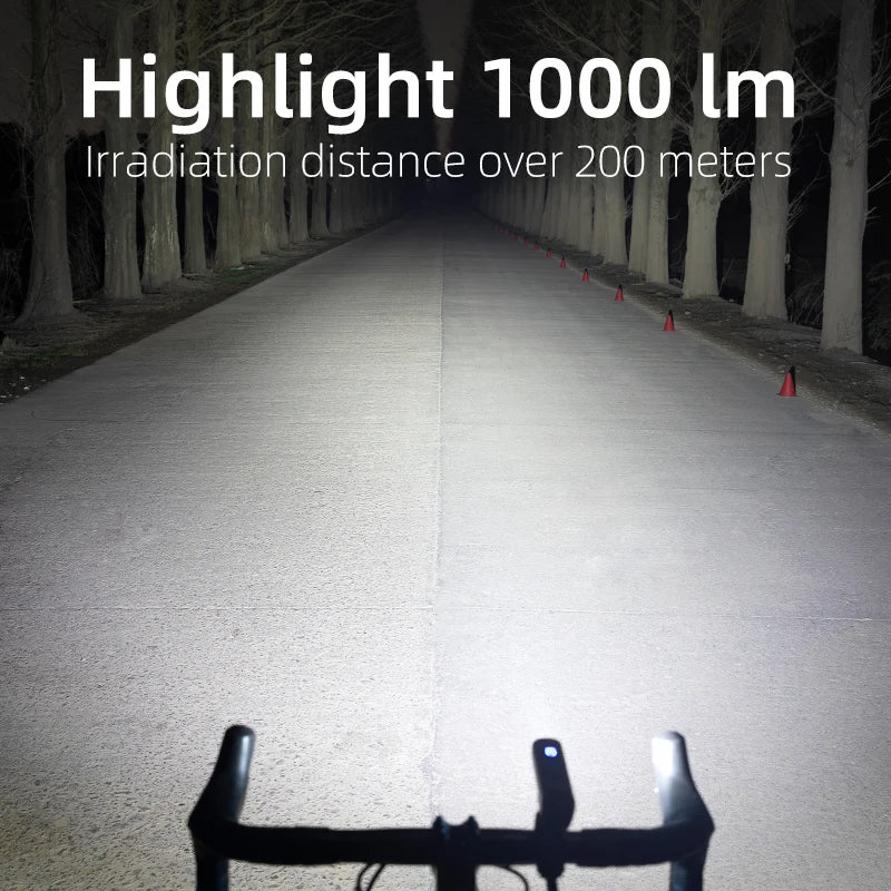 ROCKBROS Bike Light Bicycle Light Smart Vibration Sensing 1000Lumen 4000mAh 5 Modes Type-c LED Flashlight MTB Front Bike Lamp