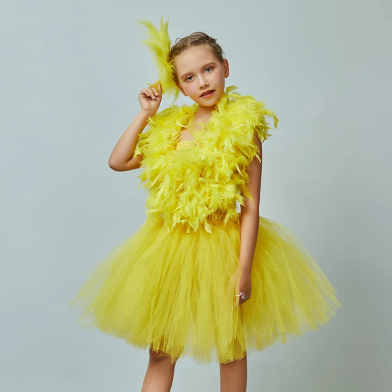 Yellow Chicken Tutu Dress Girls Kids Farm Animal Party Halloween Costume Feather Wings Children Cake Smash Photo Tulle Dress