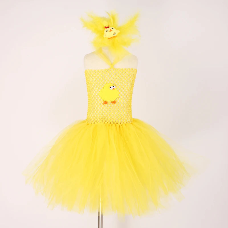 Yellow Chicken Tutu Dress Girls Kids Farm Animal Party Halloween Costume Feather Wings Children Cake Smash Photo Tulle Dress