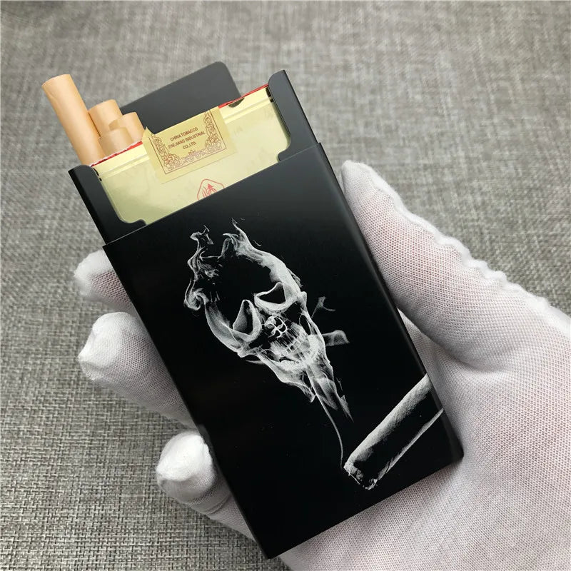 Personalized Customized Smoking Skull Cigarette Case Boxes Ultra Thin Portable Aluminium Alloy Slide Cigarette Box Smoke boxes