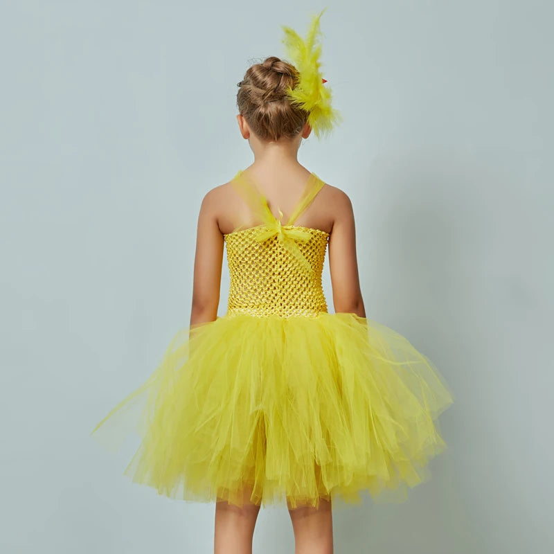 Yellow Chicken Tutu Dress Girls Kids Farm Animal Party Halloween Costume Feather Wings Children Cake Smash Photo Tulle Dress