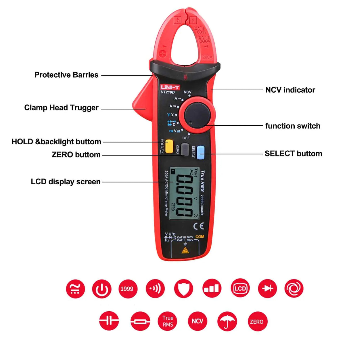 UNI-T UT210D Digital Clamp Meter Multimeter Handheld RMS AC/DC Resistanc With Temperature,Send Two Test Lines.