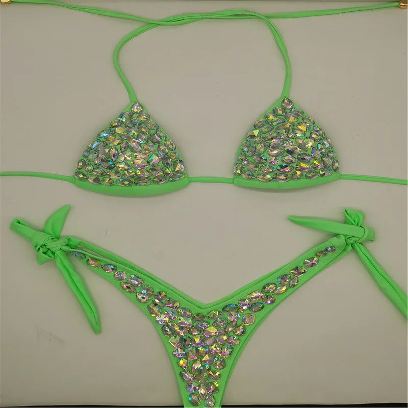 2021    Venus Vacation latest design high quality sexy girl rhinestones pink  bling bikini swimwear