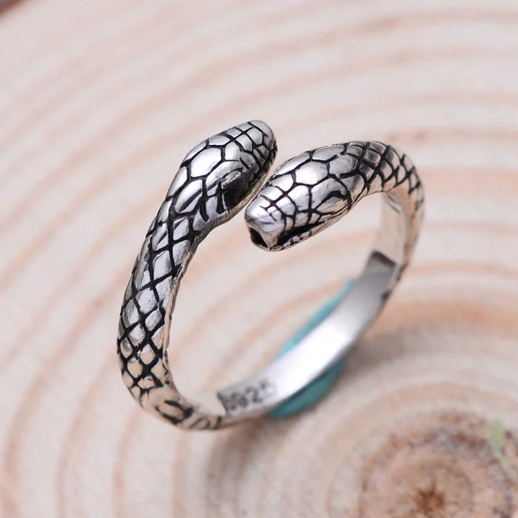 Vintage Double Snake Head Thai Silver Ladies Finger Rings Jewelry Unisex Party Gifts Never Fade Women Men
